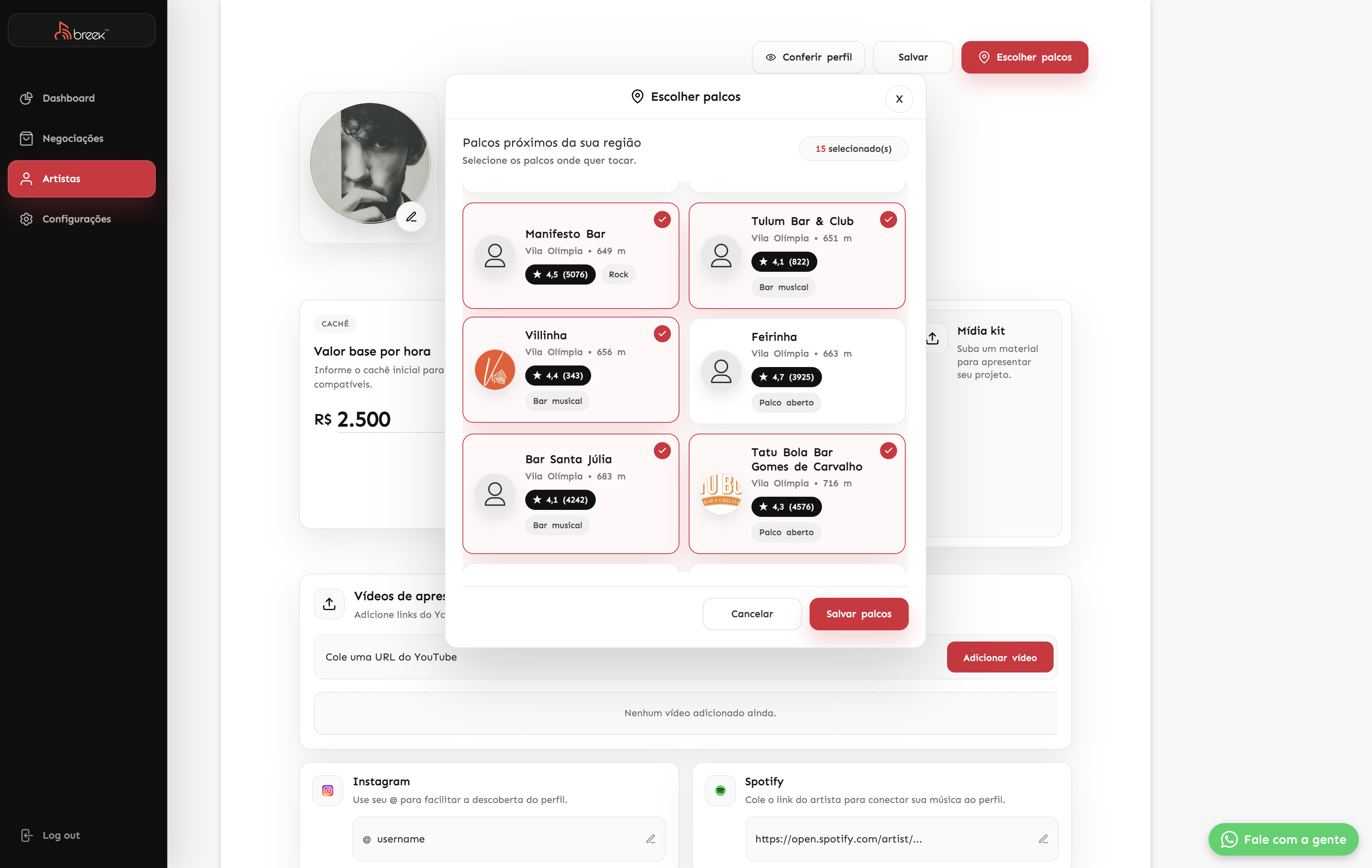 Tela Breek para selecionar palcos compatíveis