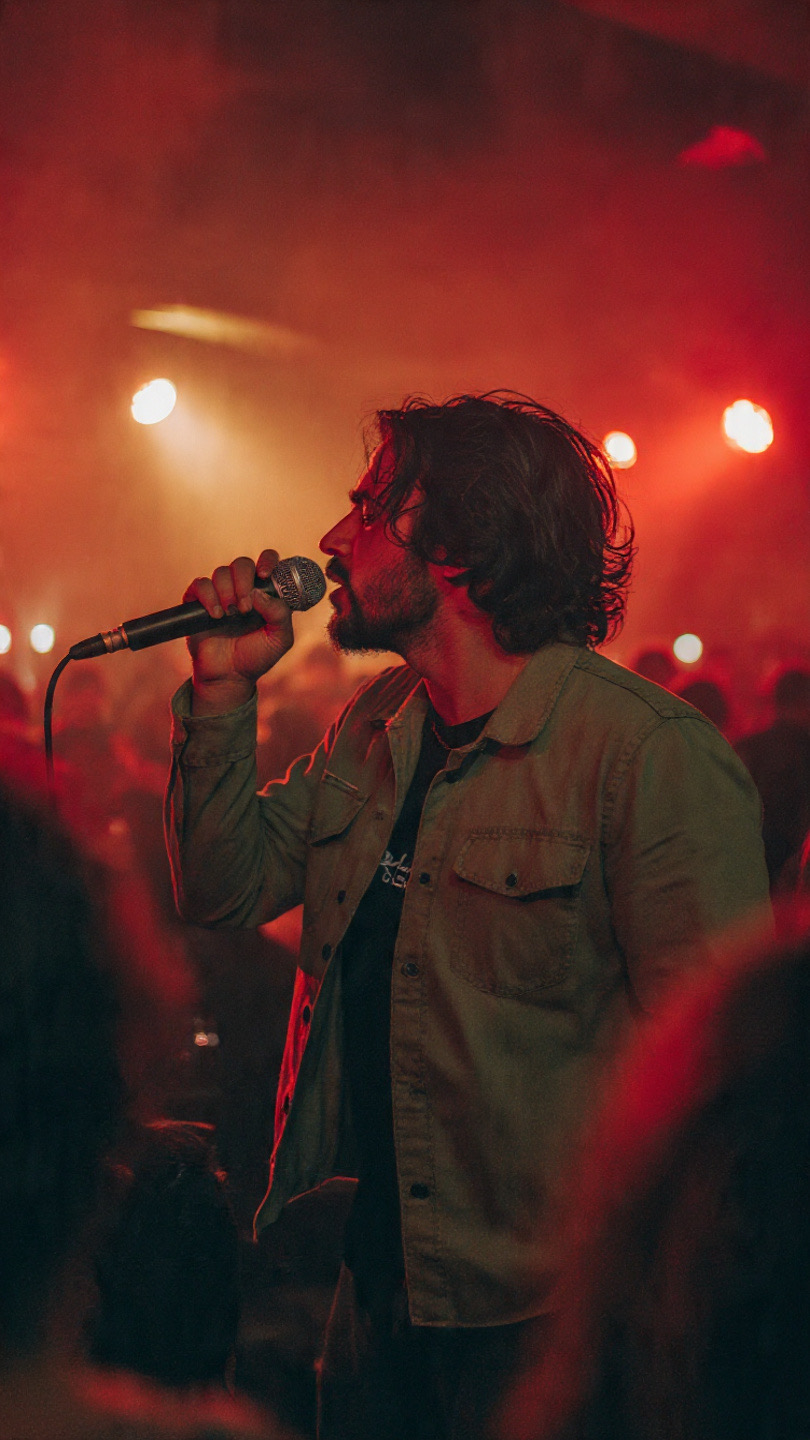 Artista cantando no meio do público